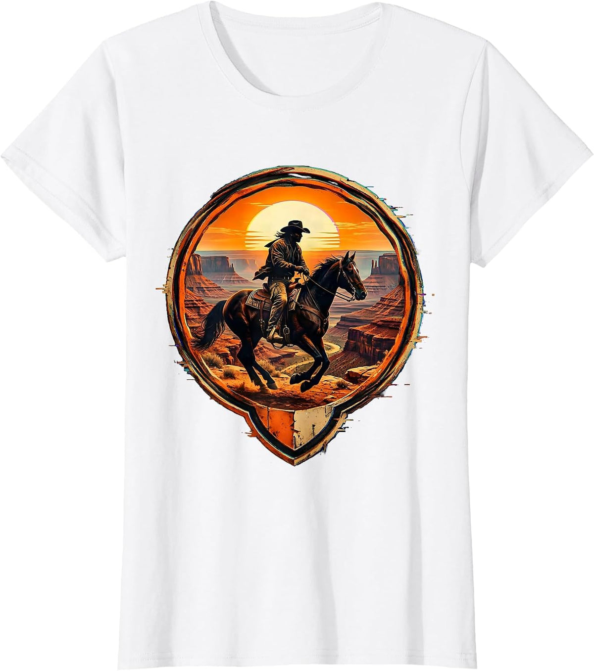 Cowboy Riding Horse Through Canyon at Sunset T-Shirt - White