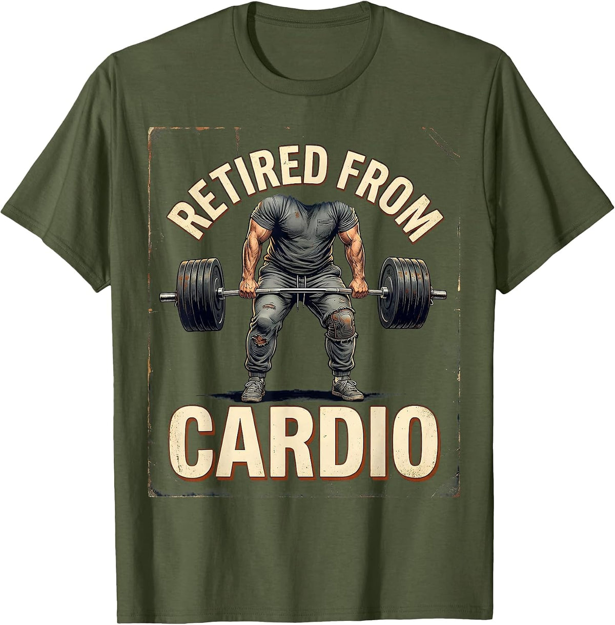 Retired From Cardio Vintage Gym Humor Weightlifting Workout T-Shirt - Olive Green
