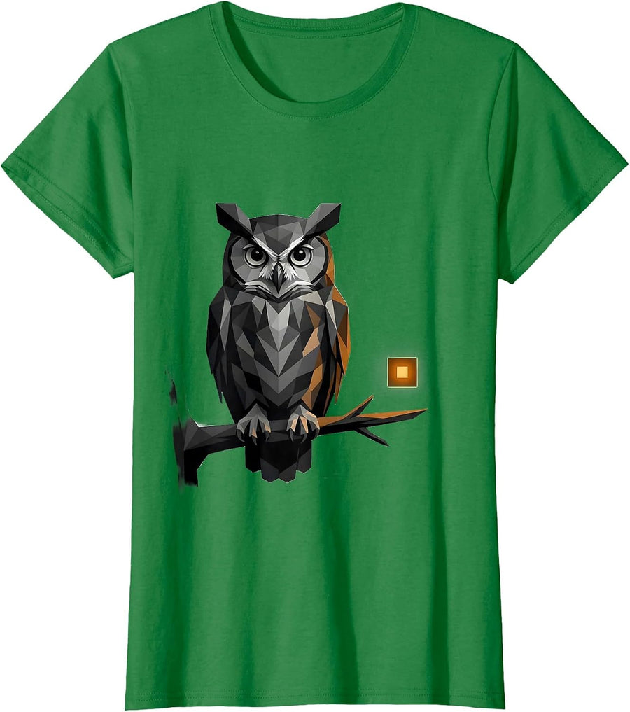 Women's Geometric Eastern Screech-Owl Bird Lover Nature Art T-Shirt - Kelly Green