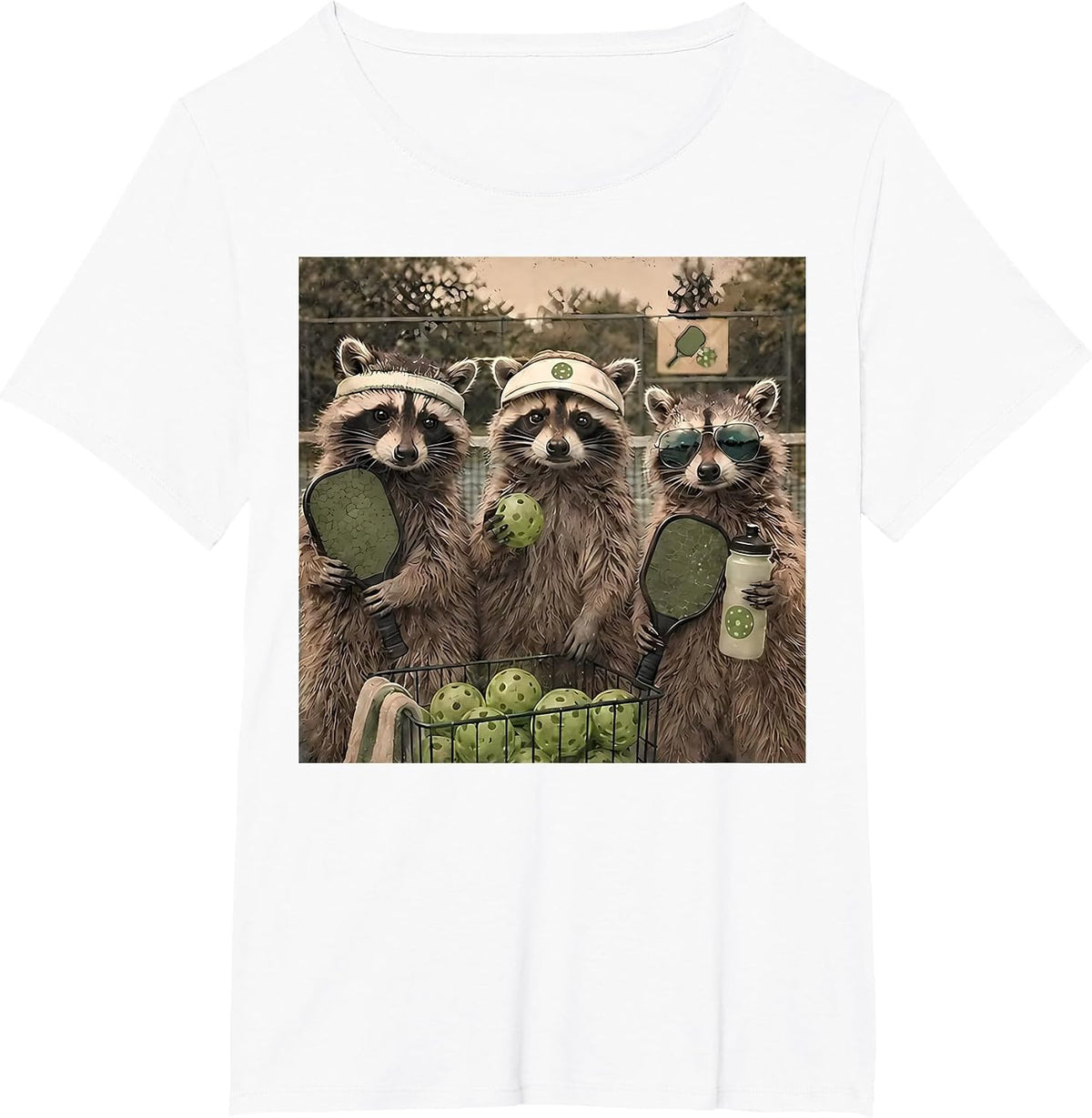 Funny Raccoon Playing Pickleball Animal Meme Sport Lovers T-Shirt - White