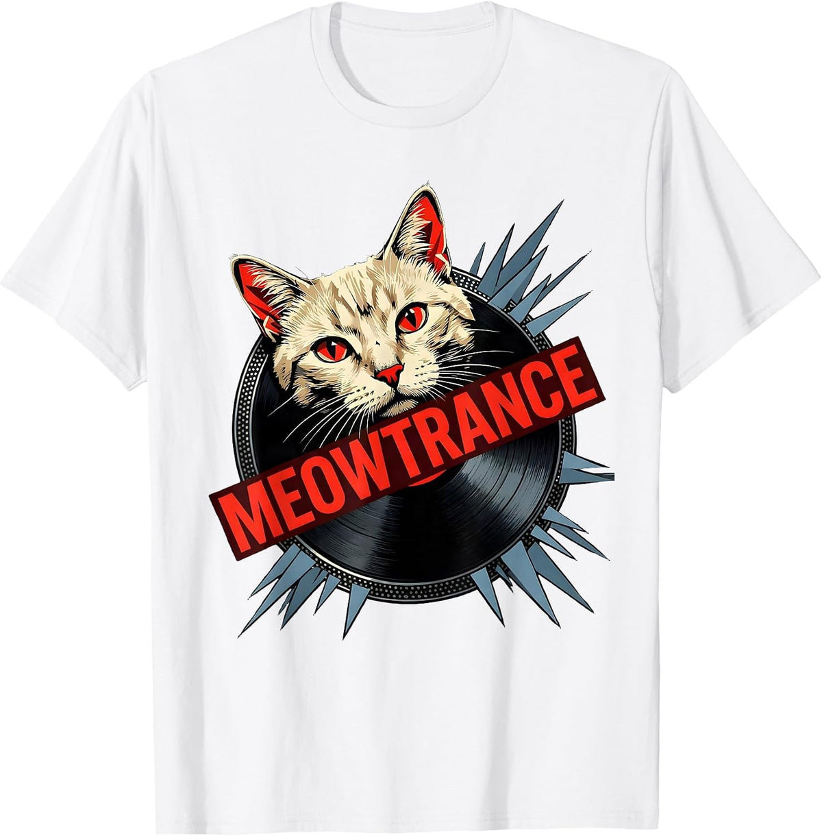 Men's Meowtrance Constructivist Cat DJ Punk Metal Rock Humor T-Shirt - White