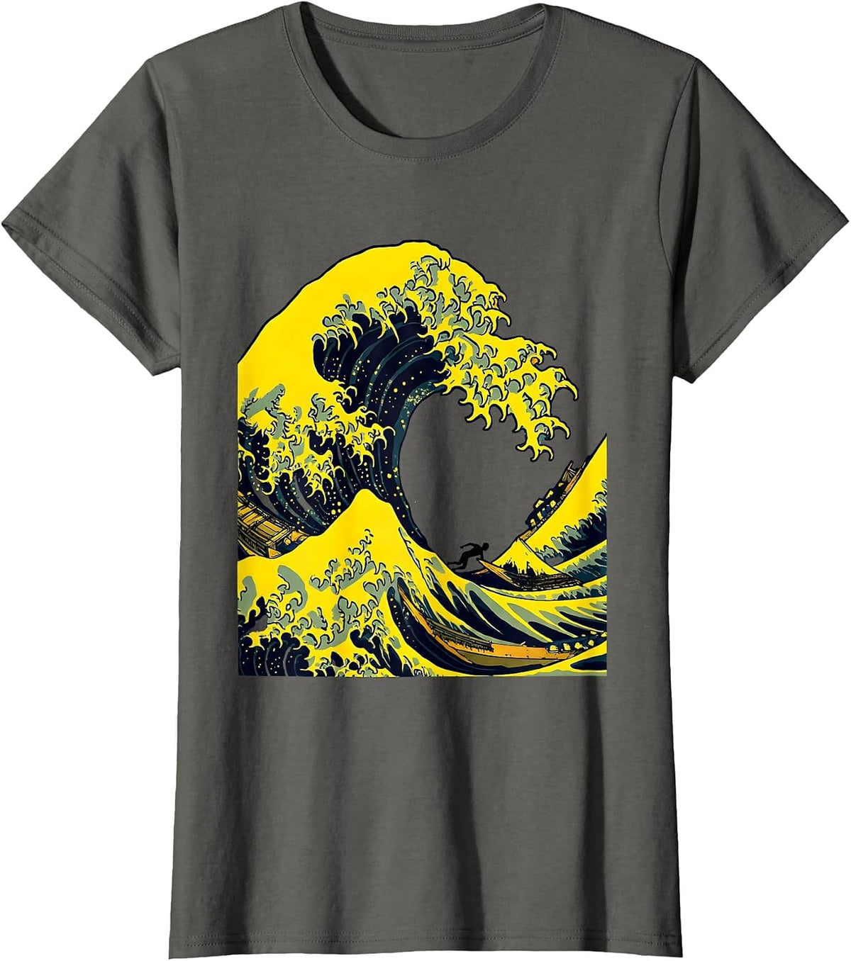 Women's Massive Wave Curling Over Lone Swimmer Graphic T-Shirt - Asphalt Grey