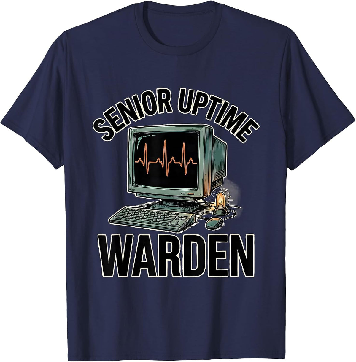 Men's Senior Uptime Warden Funny IT Tech Support Workplace Humor T-Shirt - Navy Blue