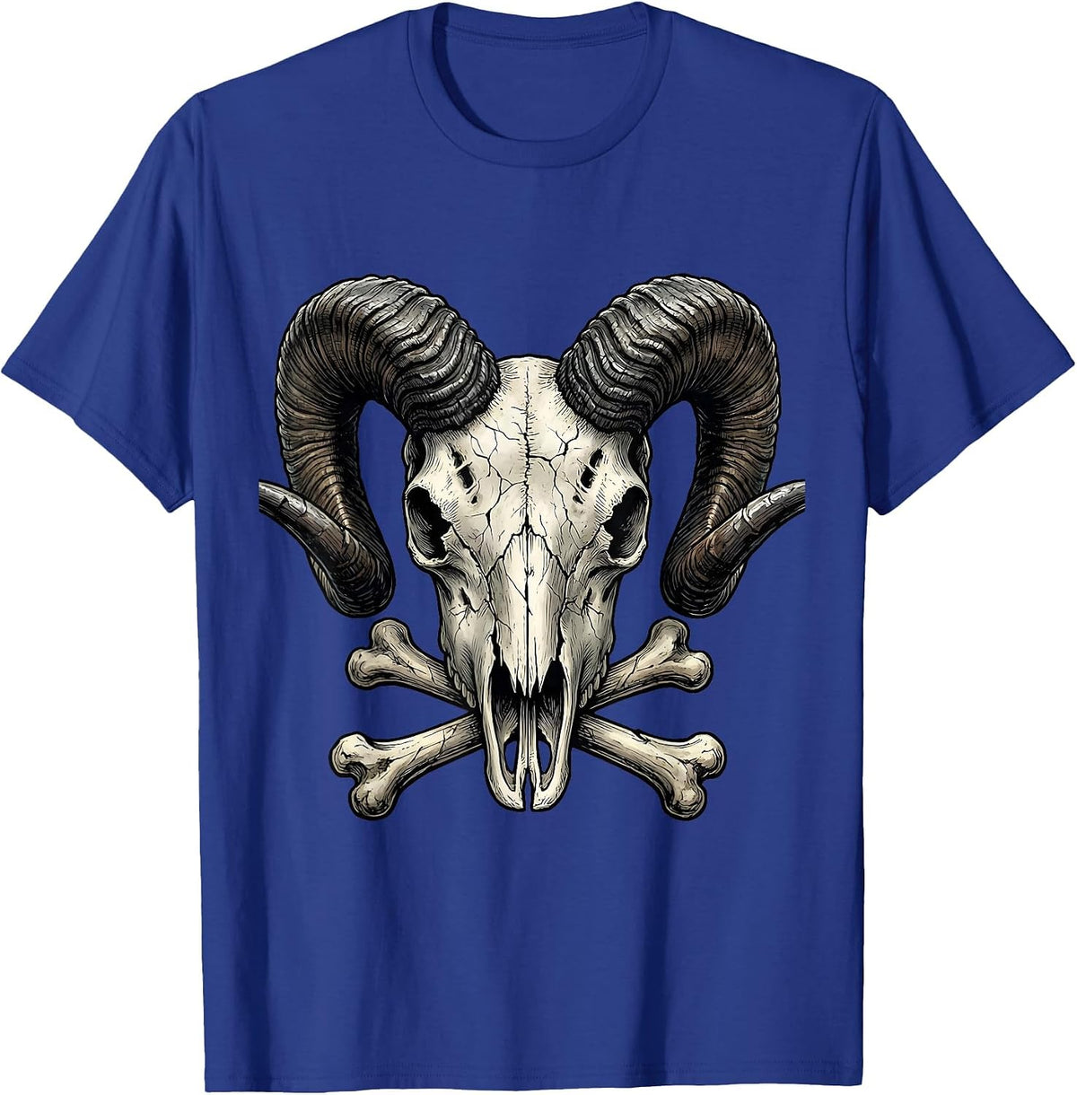 Horned Ram Skull Iron Horns Metal Graphic T-Shirt - Royal Blue