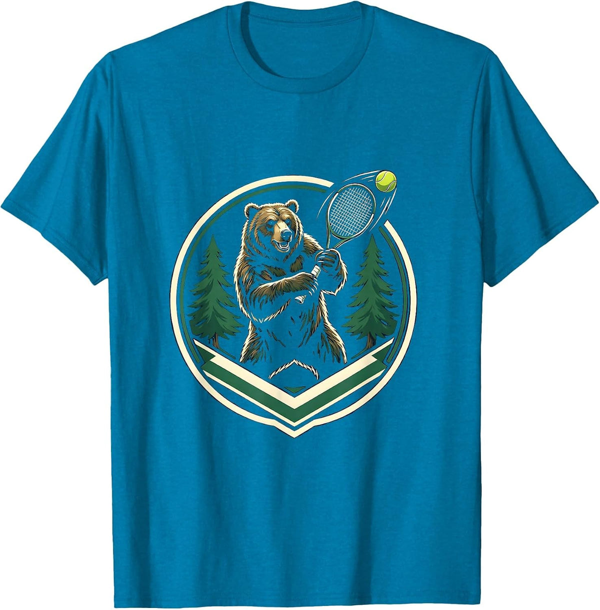 Bear Backhand Tennis Swing Pine Forest Graphic T-Shirt - Sapphire Blue