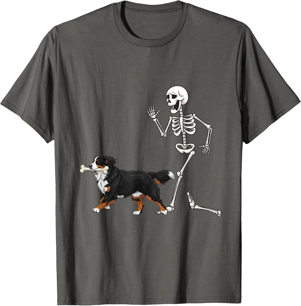 Funny Halloween Bernese Mountain Dog and Skeleton T-Shirt - Asphalt Grey
