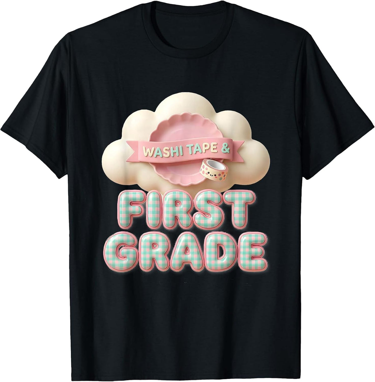 Men's Washi Tape & First Grade Cute Kawaii Checkered Girl Teacher T-Shirt - Black