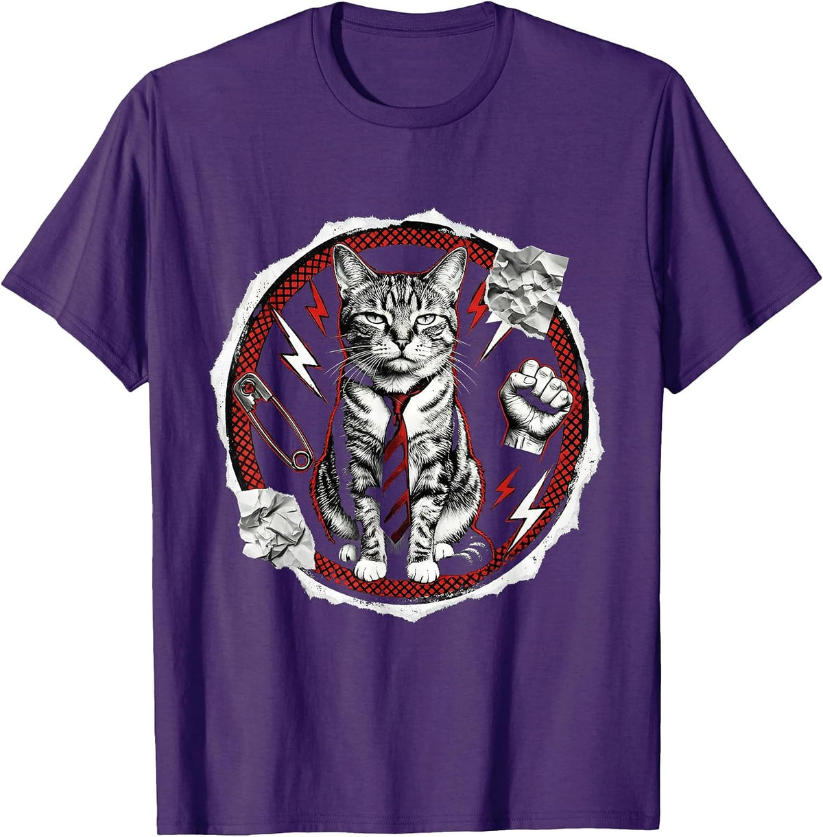 Stoic Cat in Business Tie Ignoring Chaos T-Shirt - Purple