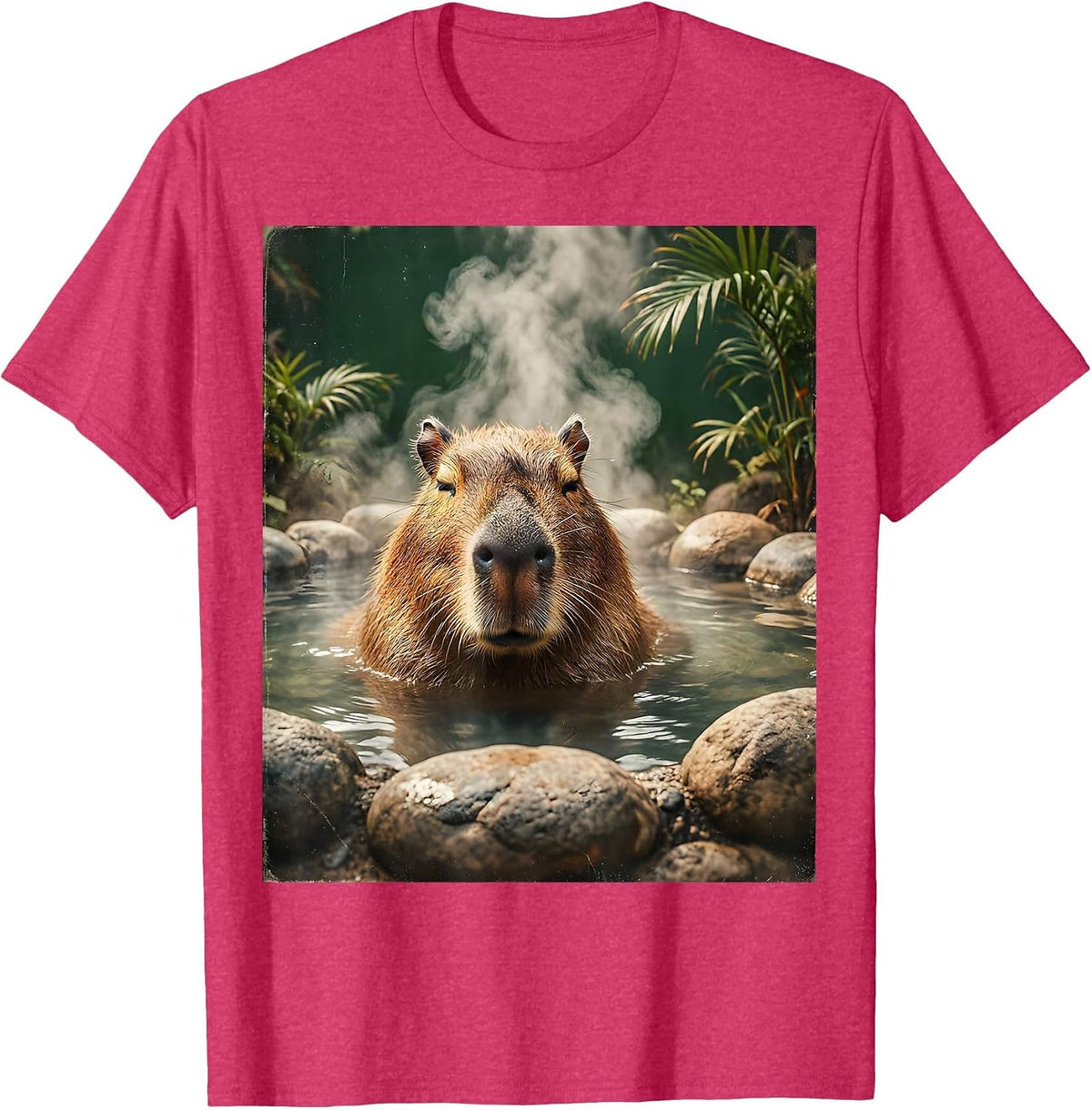 Capybara Hot Spring Soak Relaxing Illustration T-Shirt - Red Heather