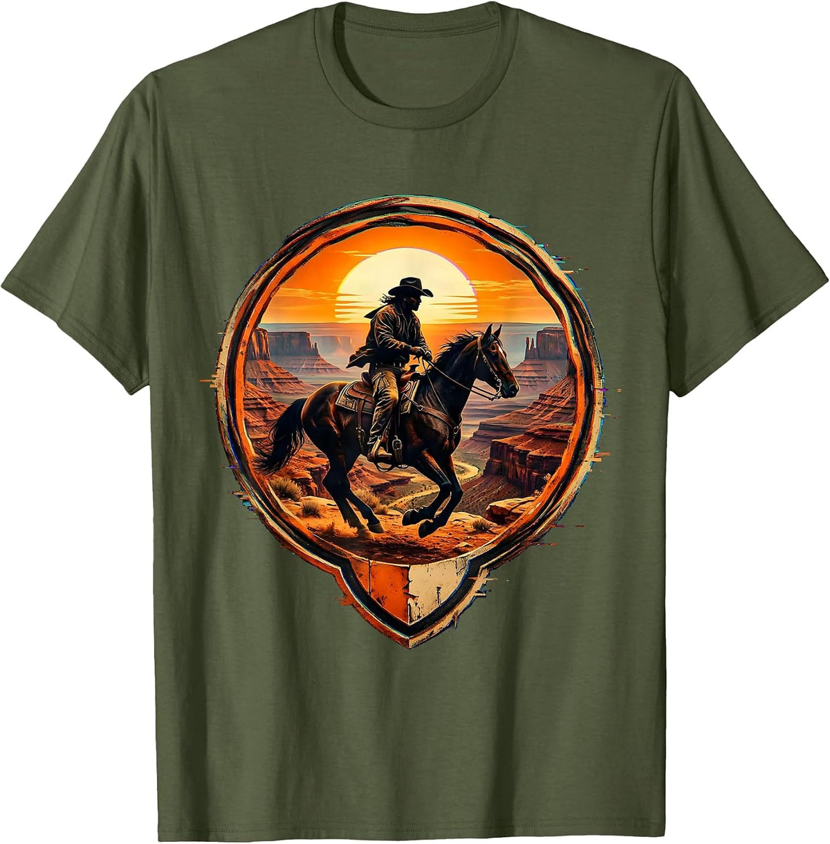 Cowboy Riding Horse Through Canyon at Sunset T-Shirt - Olive Green