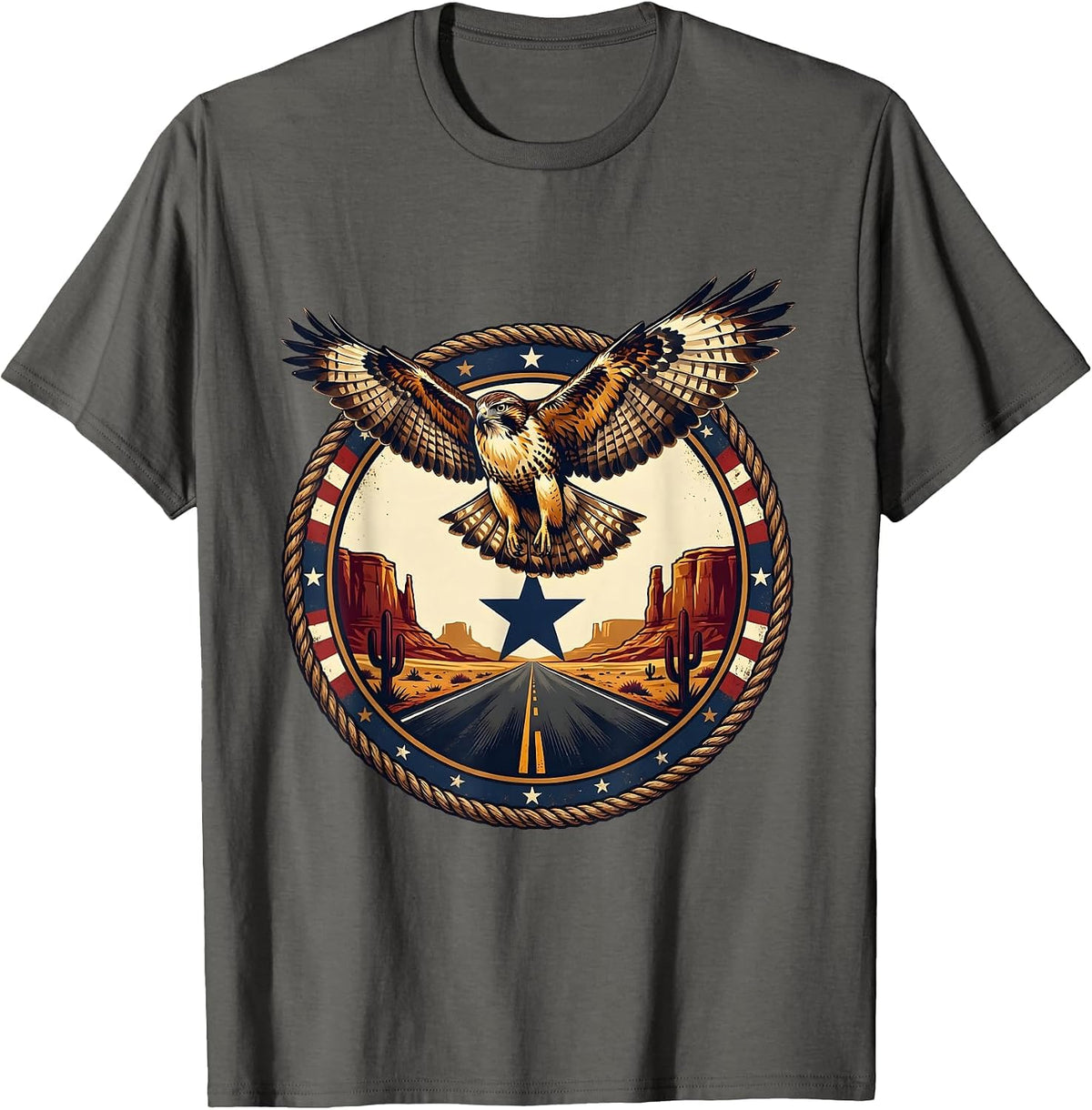 Route 66 Hawk Soaring Over Desert Highway T-Shirt - Asphalt Grey