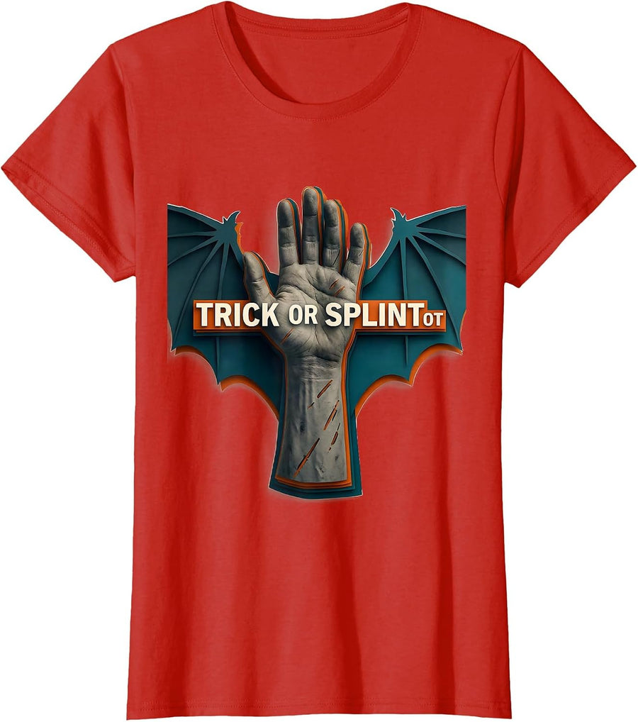 Women's Trick Or Splint OT Paper Cutout Halloween Rehab Therapy OT T-Shirt - Red