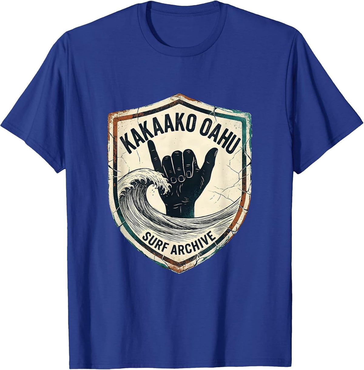 Men's Kakaako Oahu Surf Archive Distressed Vintage Surf Shaka Hand T-Shirt - Royal Blue