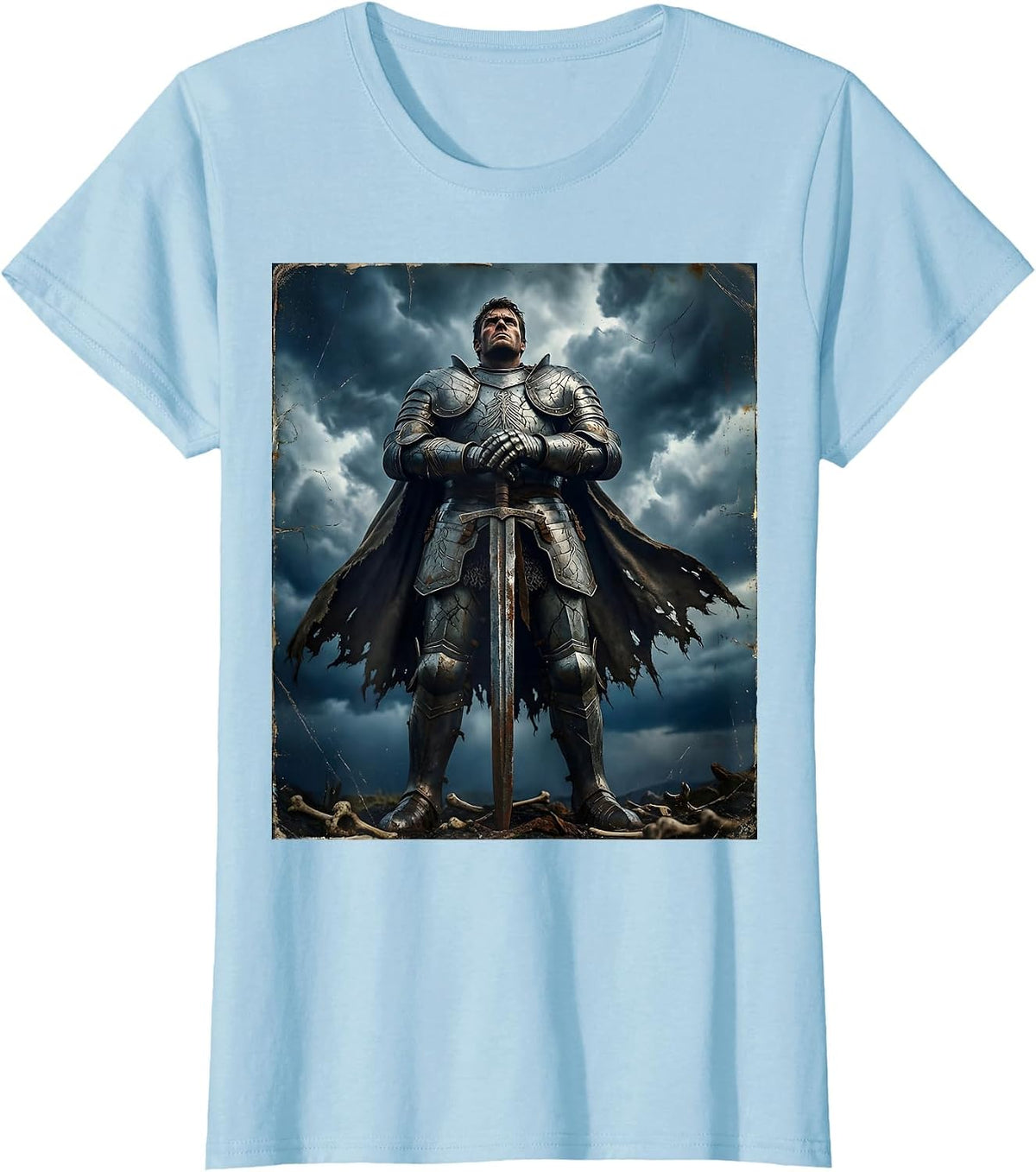 Ancient Warrior Standing Tall Against Dark Clouds T-Shirt - Baby Blue