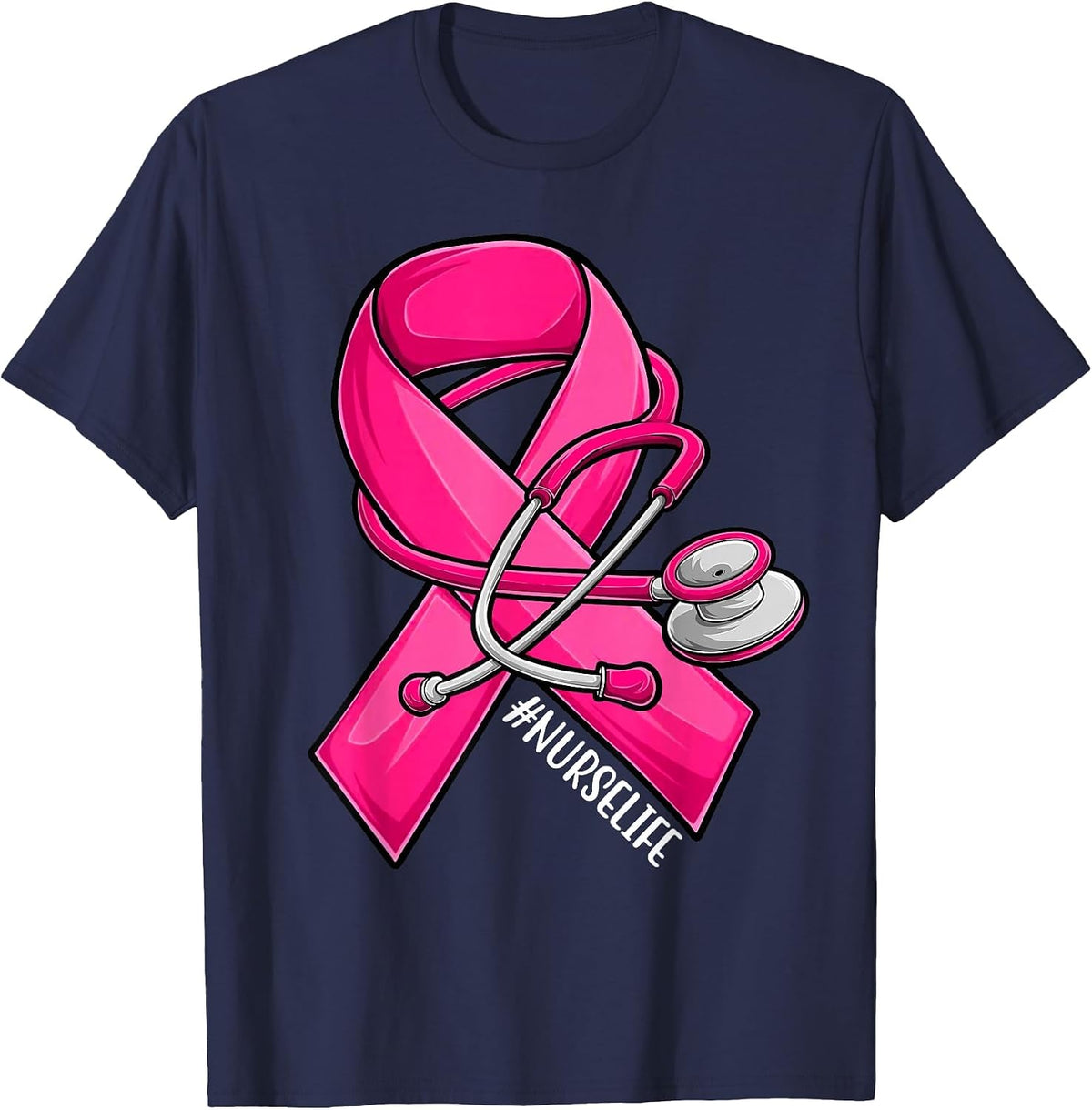 Pink Ribbon Stethoscope Nurse Life Breast Cancer Awareness T-Shirt - Navy Blue