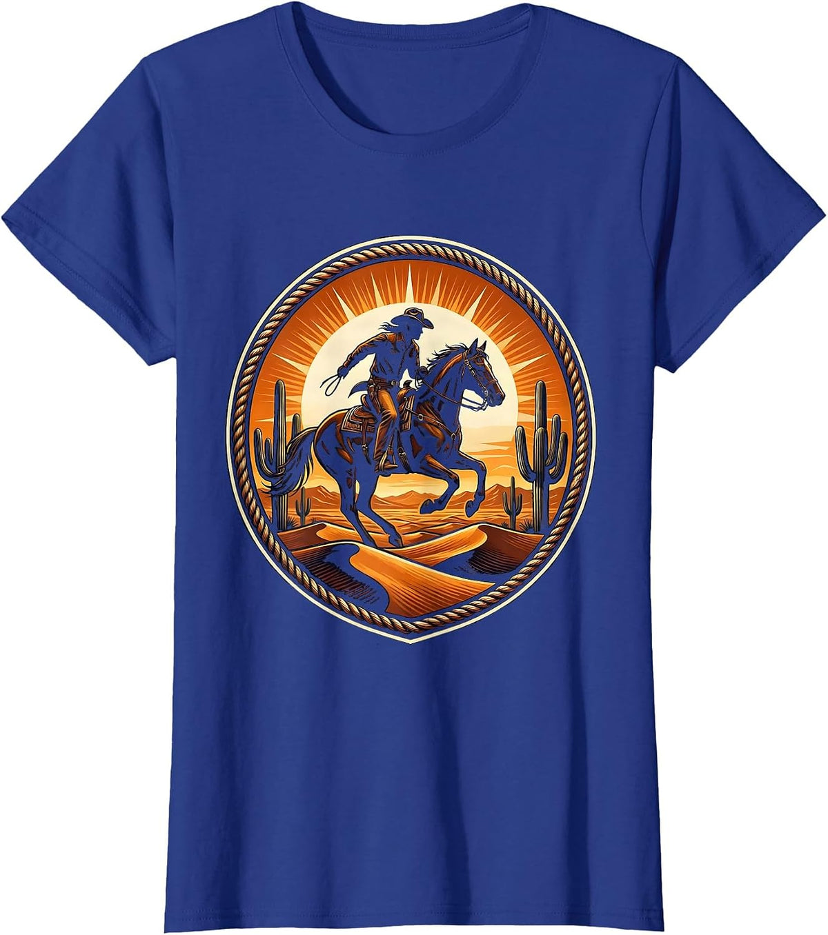 Women's Cowboy Riding Horse Desert Sunset Graphic T-Shirt - Royal Blue