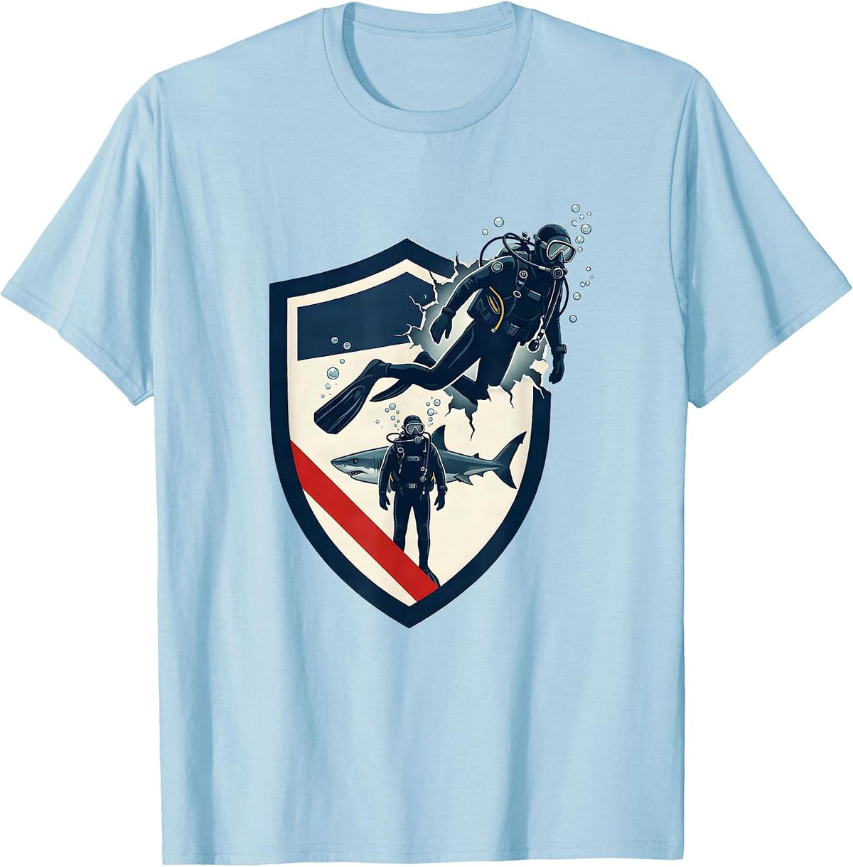 Men's Scuba Diver Shield Emblem Shark Dive Buddy Vintage Humor T-Shirt - Baby Blue