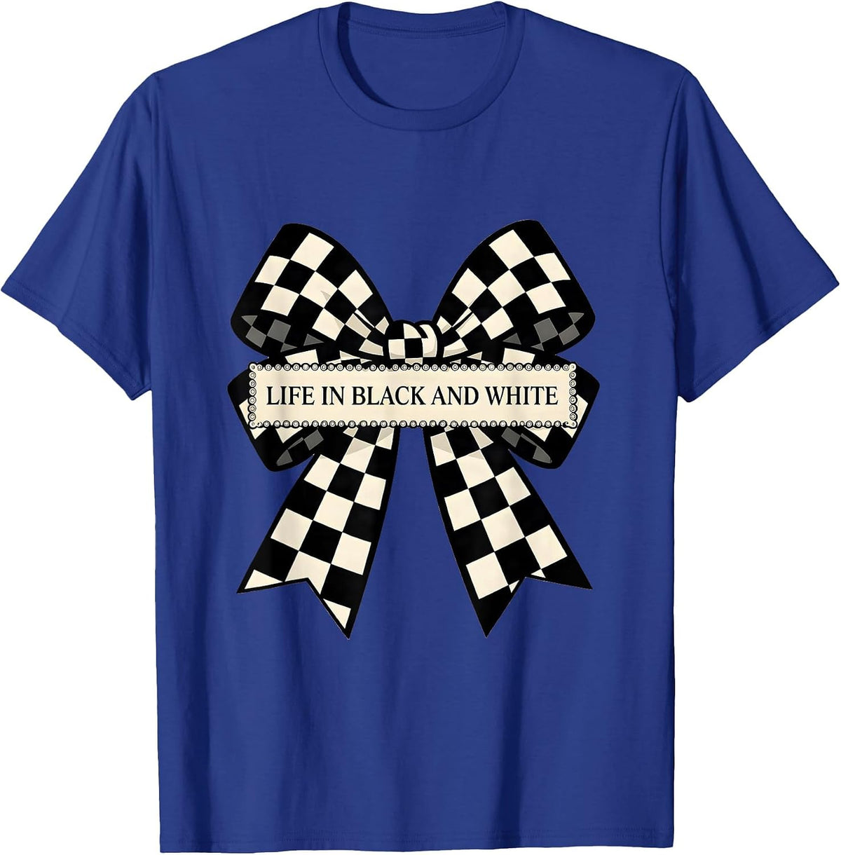 Men's Life in Black and White Checkered Design T-Shirt - Royal Blue