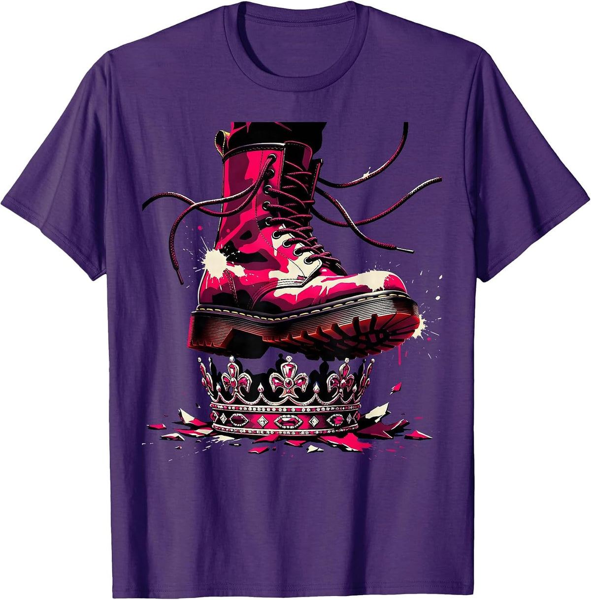 Punk Woman Stomping Crown Paint Splattered Boots T-Shirt - Purple