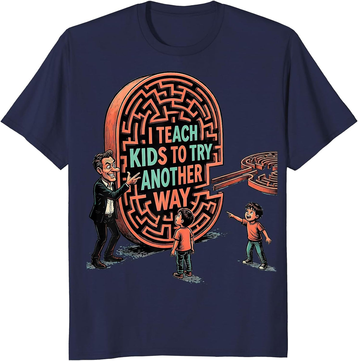I Teach Kids To Try Another Way Cartoon Teacher Appreciation T-Shirt - Navy Blue