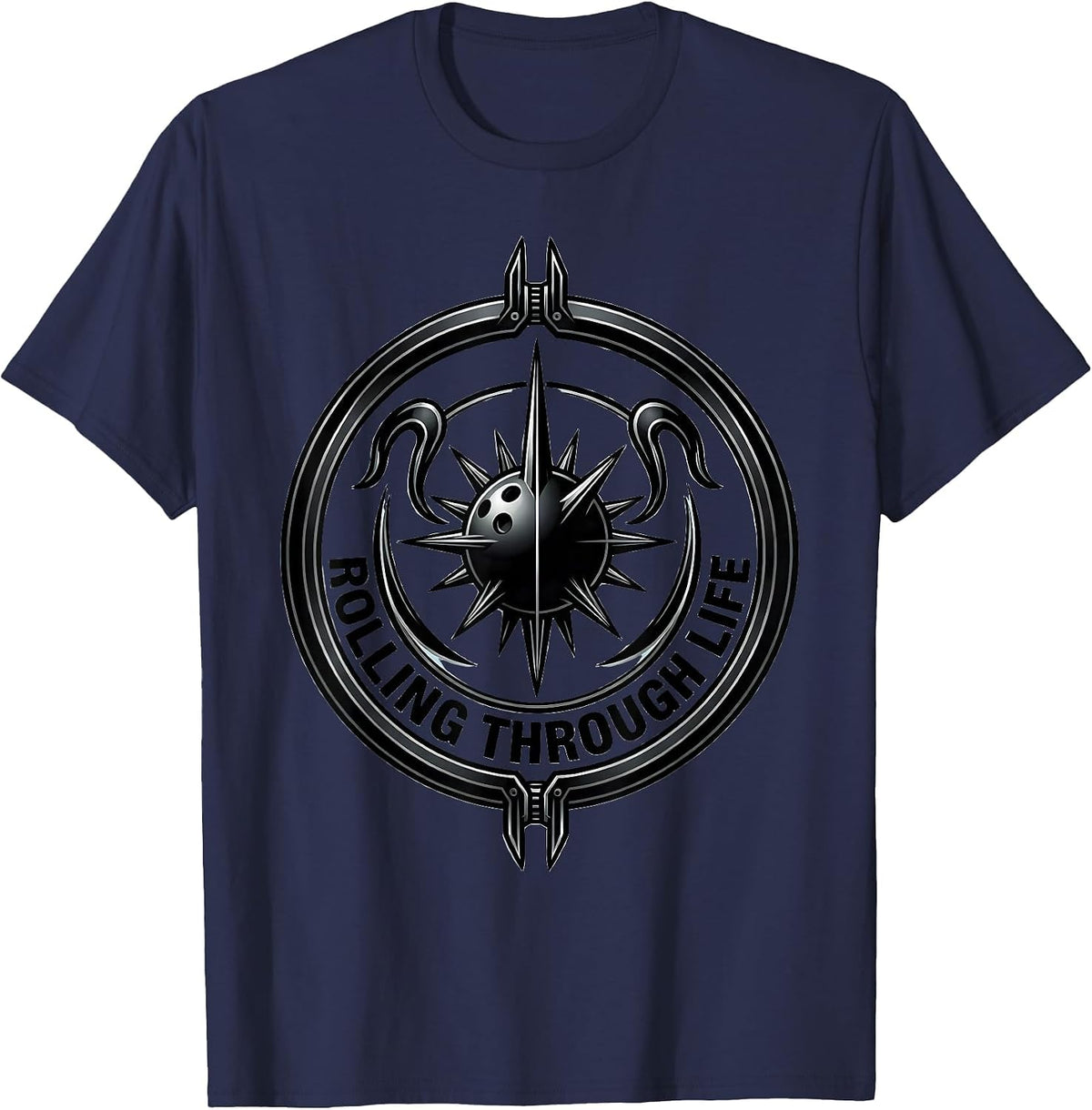 Rolling Through Life Bowling Graphic Design T-Shirt - Navy Blue