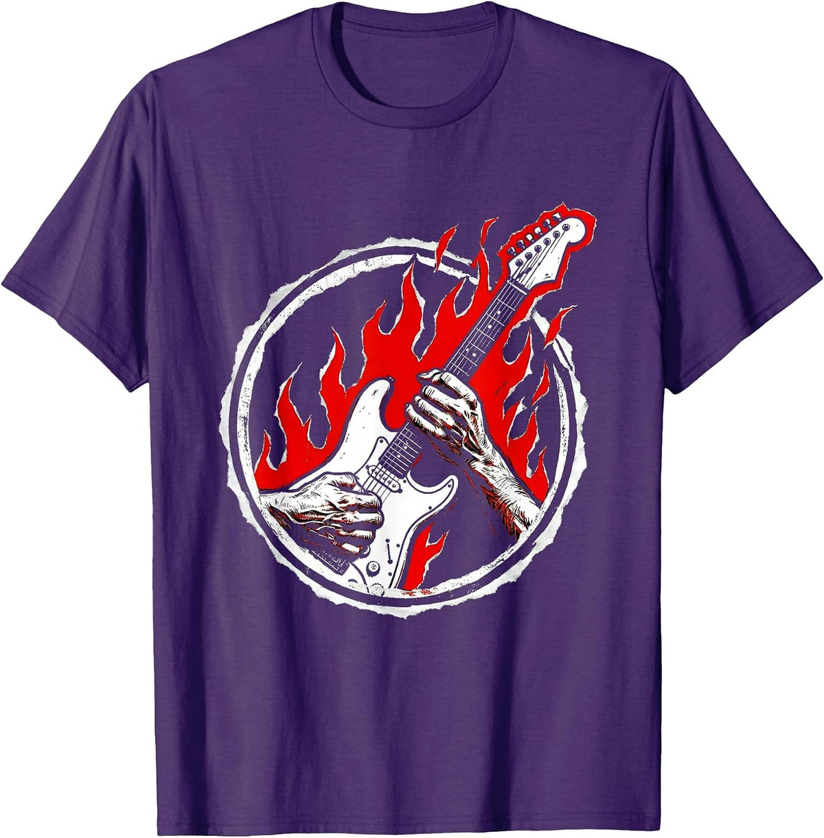 Flaming Guitar Shred Vintage Rock Band Graphic T-Shirt - Purple