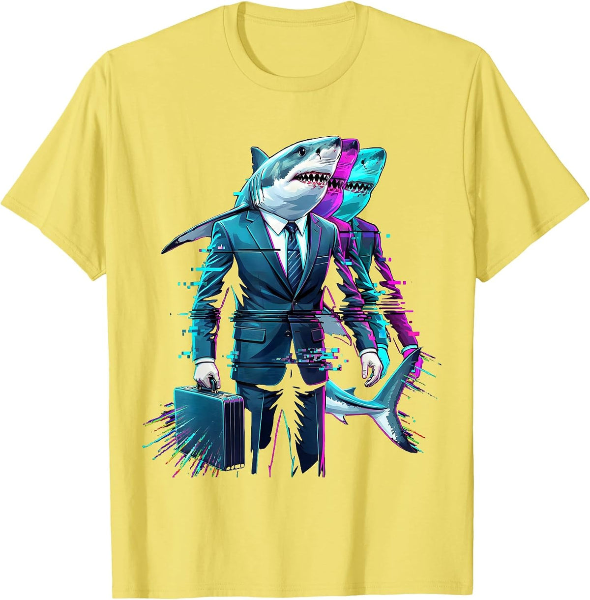Men's Shark in Business Suit Briefcase Funny Office Art T-Shirt - Lemon Yellow