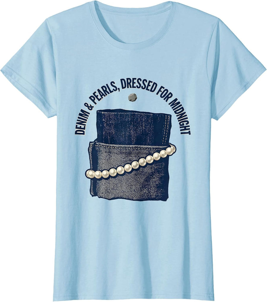 Women's Denim & Pearls Dressed For Midnight Glam Vintage Party T-Shirt - Baby Blue