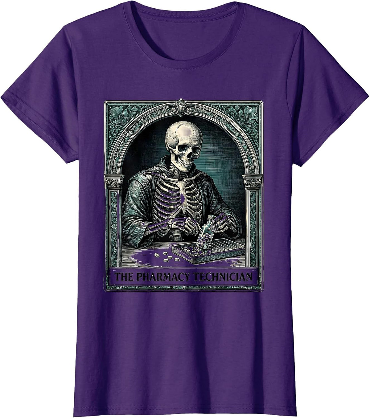 Women's The Pharmacy Technician Skeleton Tarot Card Halloween Humor T-Shirt - Purple