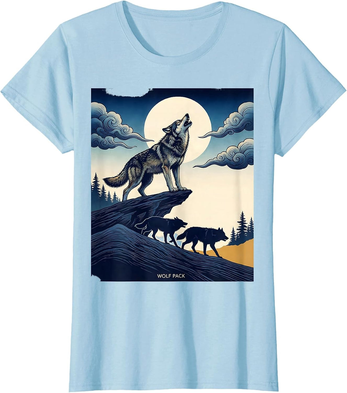 Wolf Pack Ukiyo-e Howling Wolf Lover Wildlife Art T-Shirt - Baby Blue