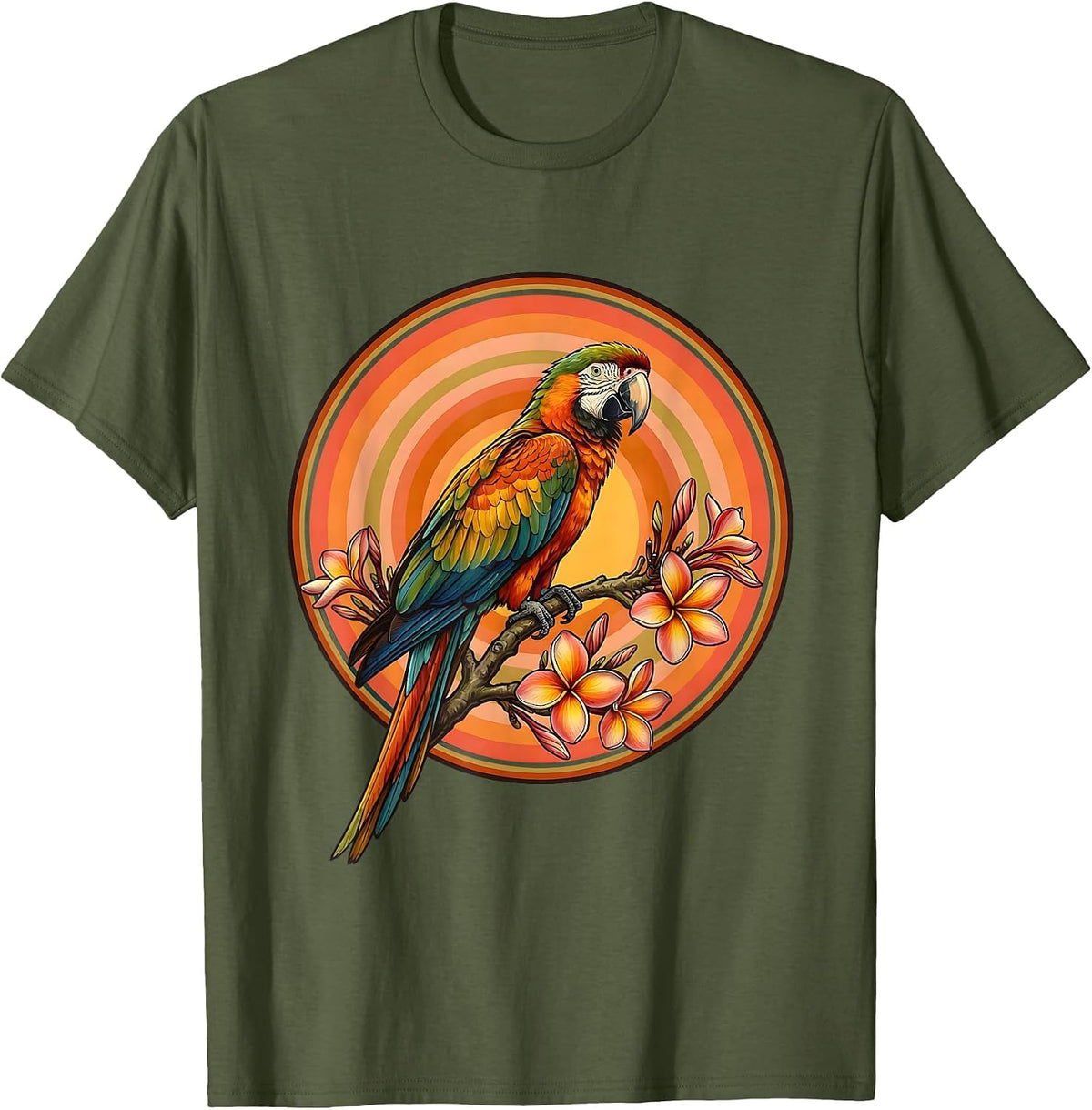 Macaw on Plumeria Branch Hawaiian Graphic T-Shirt - Olive Green