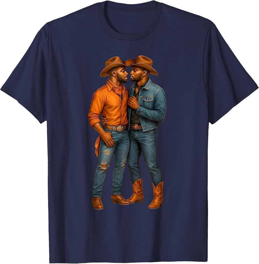 Black Gay Cowboy Gay Couple LGBTQ+ Western Couple Pride T-Shirt - Navy Blue