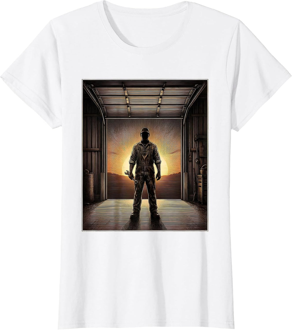 Mechanic Silhouette Garage Sunset Graphic T-Shirt - White