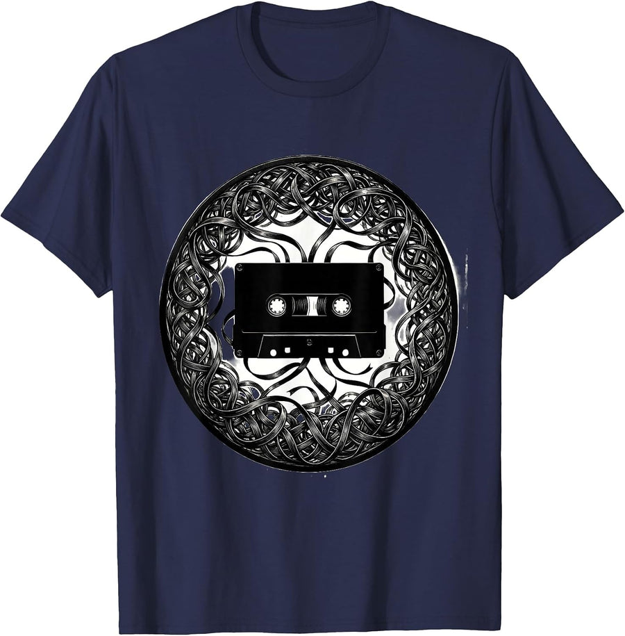Punk Cassette Tape Unraveling Wild Chaos Art T-Shirt - Navy Blue