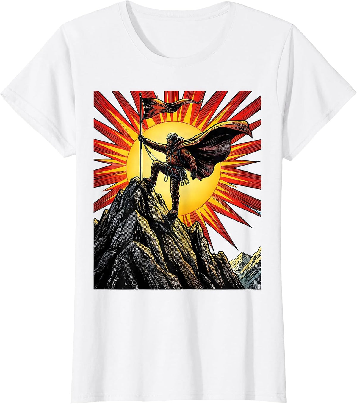 Climber Reaching Summit Flagpole at Dawn T-Shirt - White