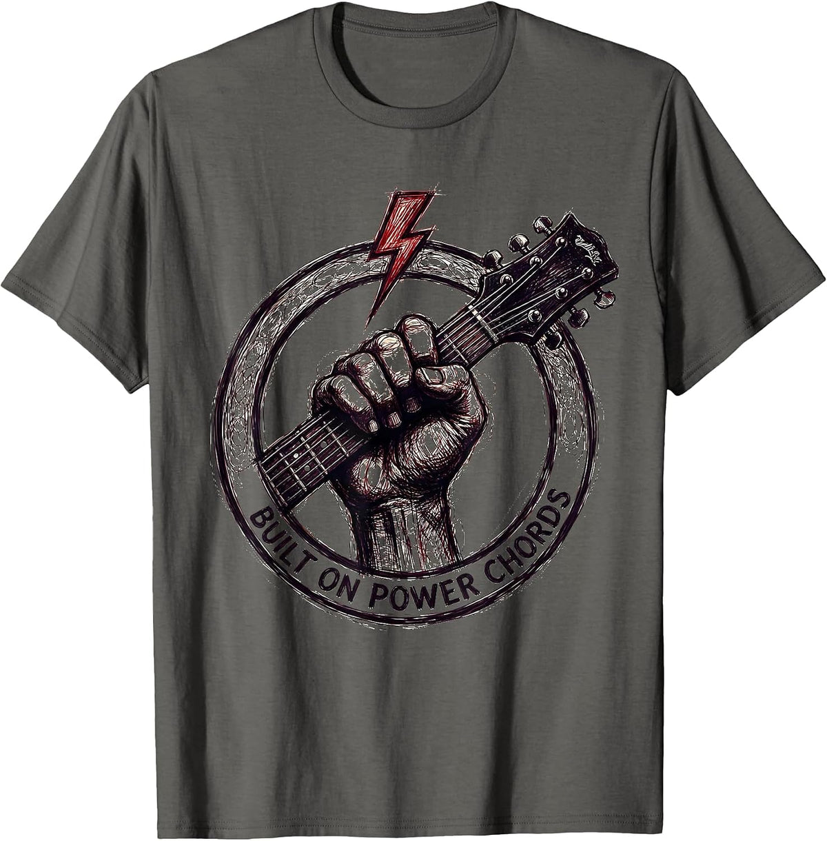 Men's Built on Power Chords Heavy Metal Guitar Design T-Shirt - Asphalt Grey