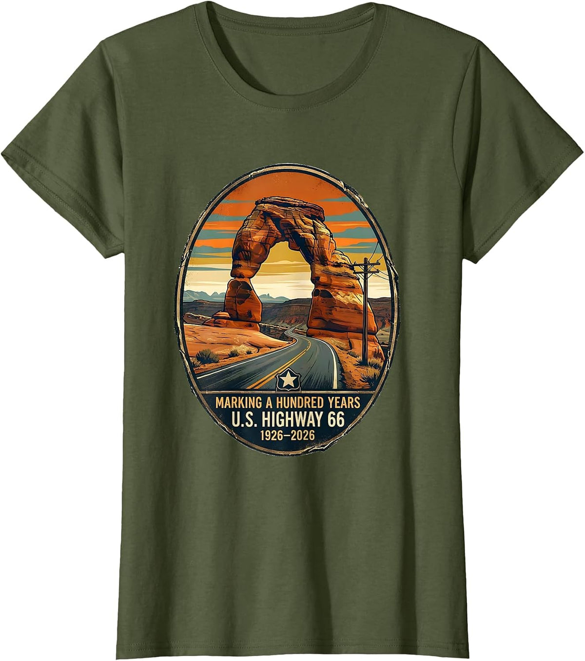 Women's Marking A Hundred Years — U.S. Highway 66 — 1926-2026 T-Shirt - Olive Green