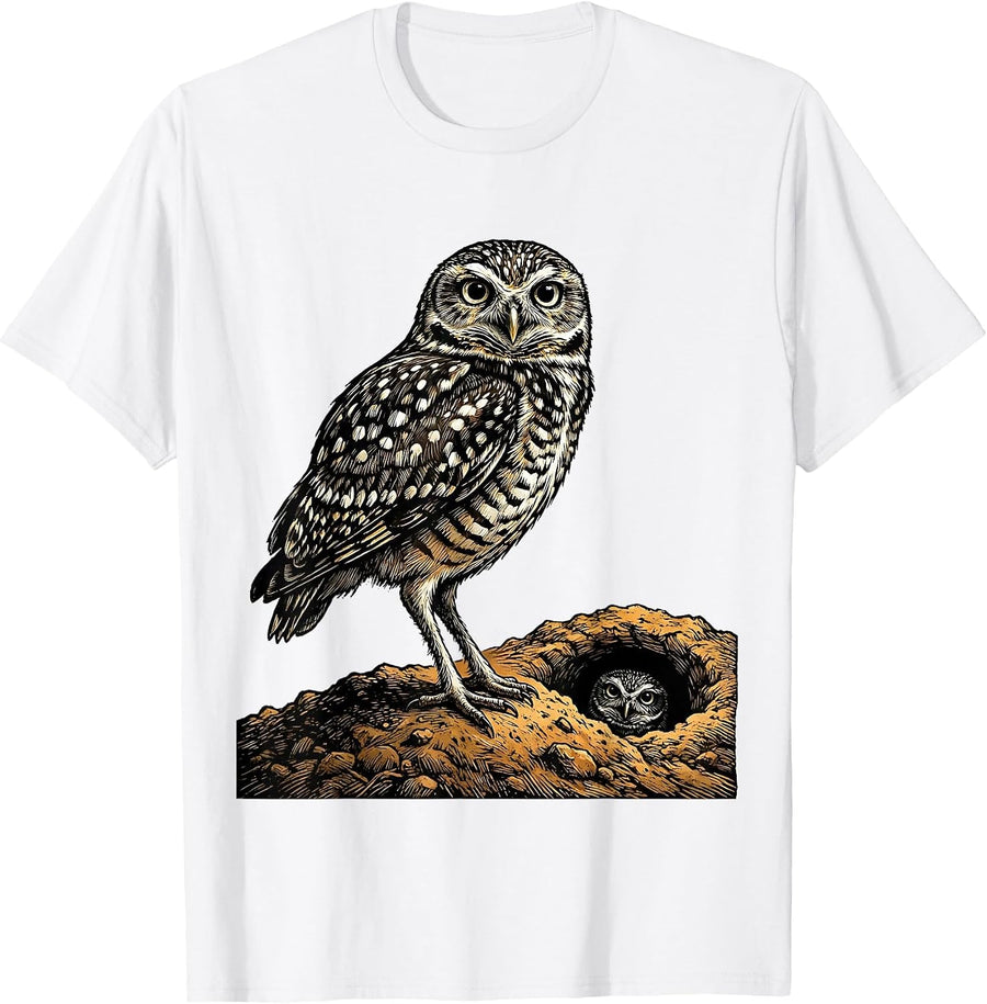 Men's Burrowing Owl Woodcut Engraving Retro Bird Lover Humor T-Shirt - White