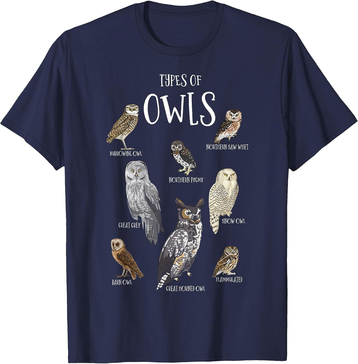 Types of Owls Shirt Educational Cute Owl Lover T-Shirt - Navy Blue