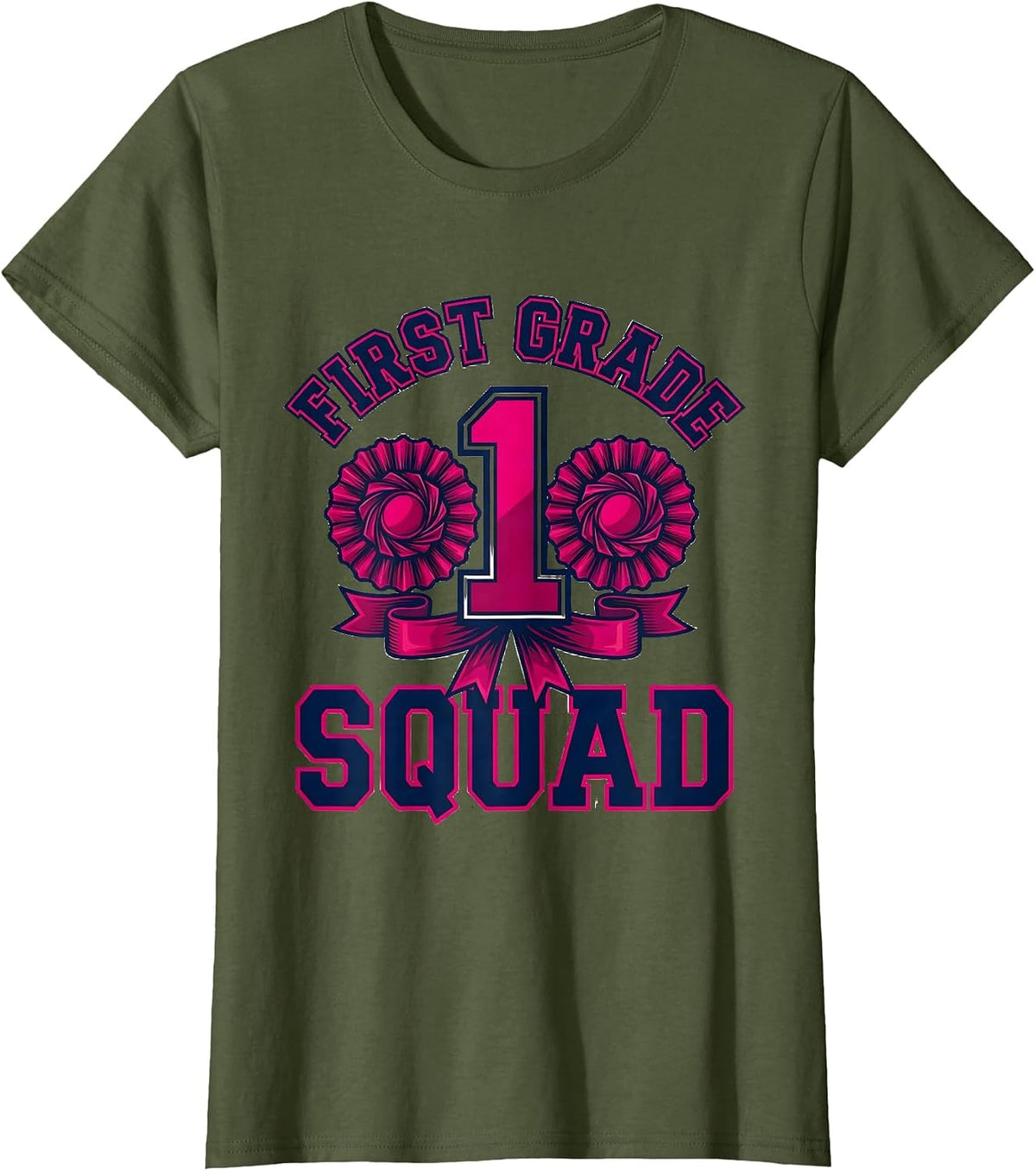 Women's First Grade Squad Cheerful Pennant Back To School Girl First T-Shirt - Olive Green