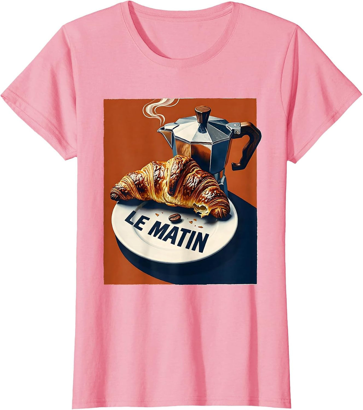 Women's Le Matin Coffee Croissant French Café Breakfast Retro T-Shirt - Pink