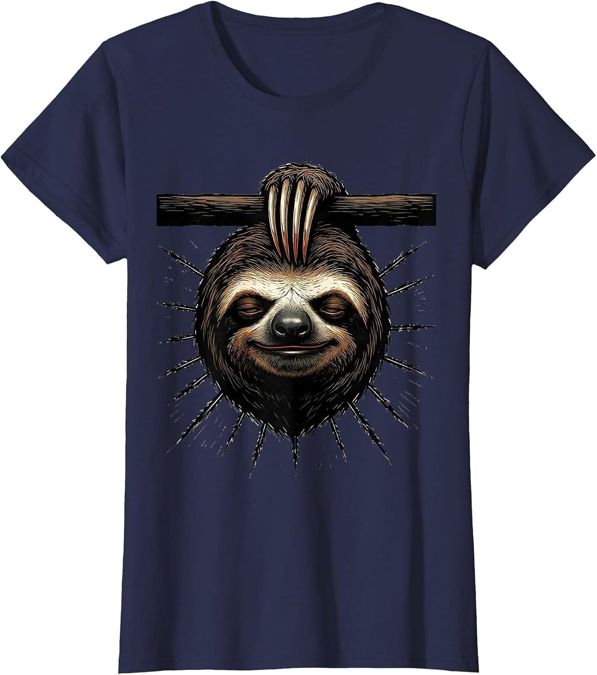 Women's Oversized Sloth Linocut Funny Animal Lover Humor T-Shirt - Navy Blue