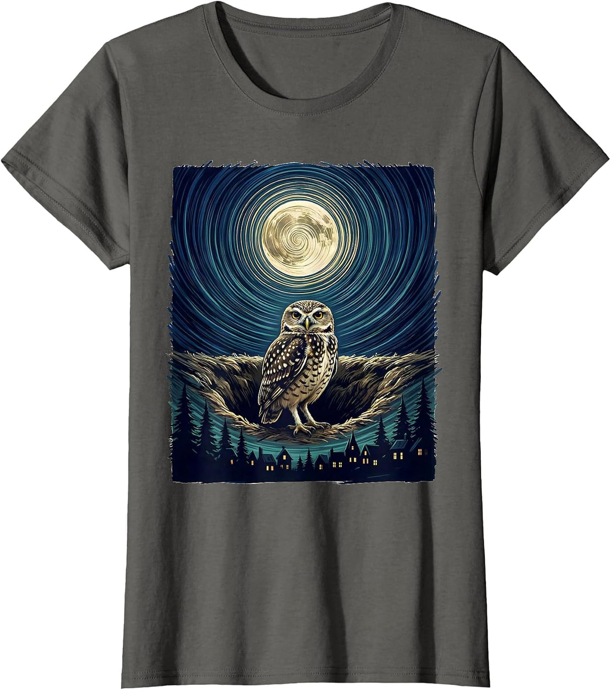 Women's Burrowing Owl Van Gogh Starry Night Art Lover T-Shirt - Asphalt Grey