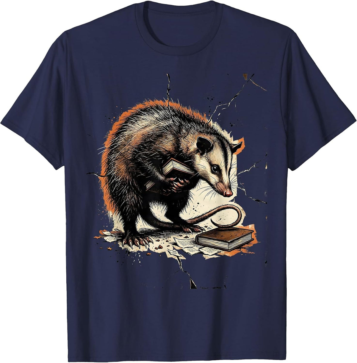 Sneaky Opossum Book Thief Unhinged Meme Humor T-Shirt - Navy Blue