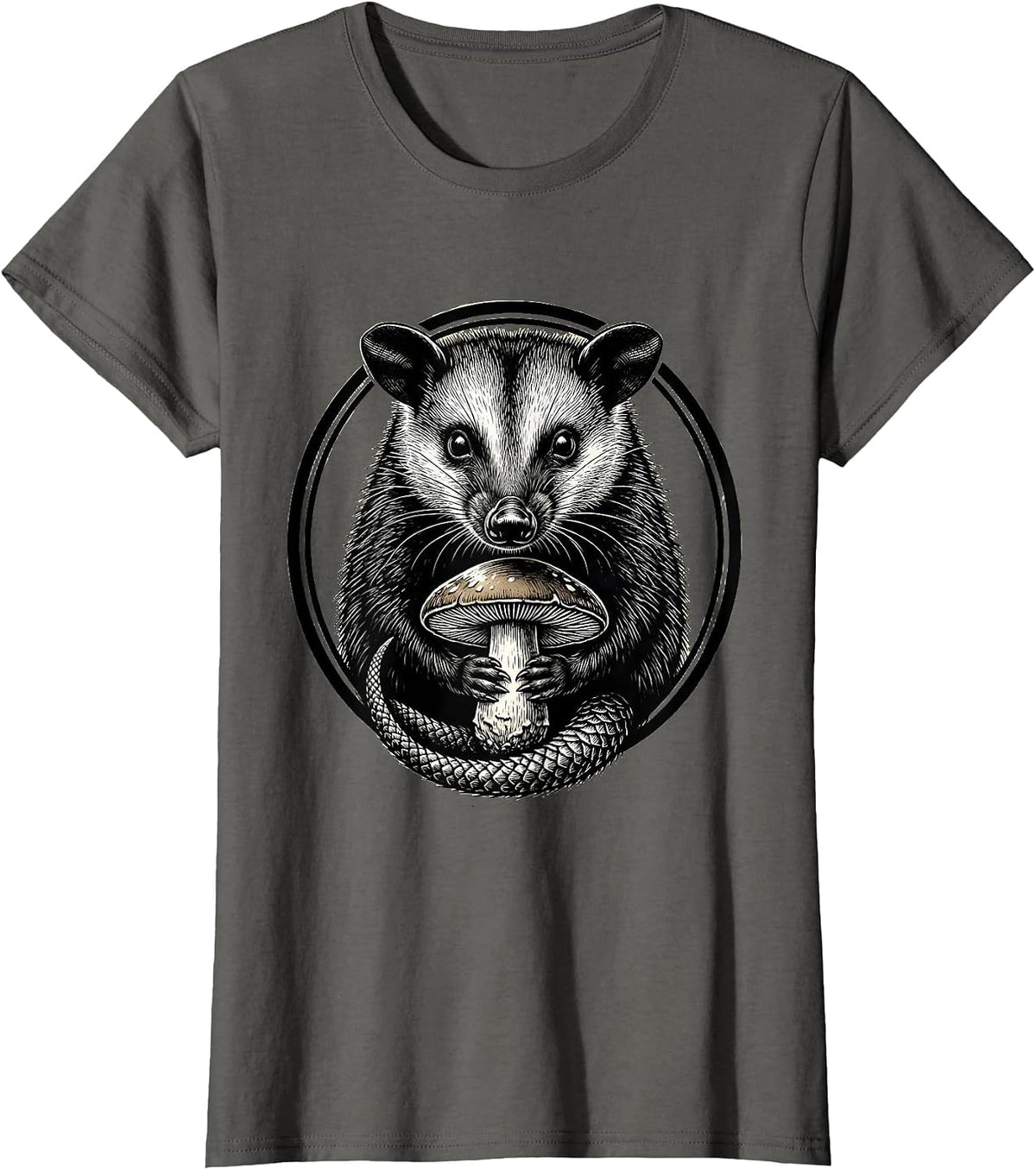 Women's Opossum Holding Mushroom Cute Wildlife Art T-Shirt - Asphalt Grey