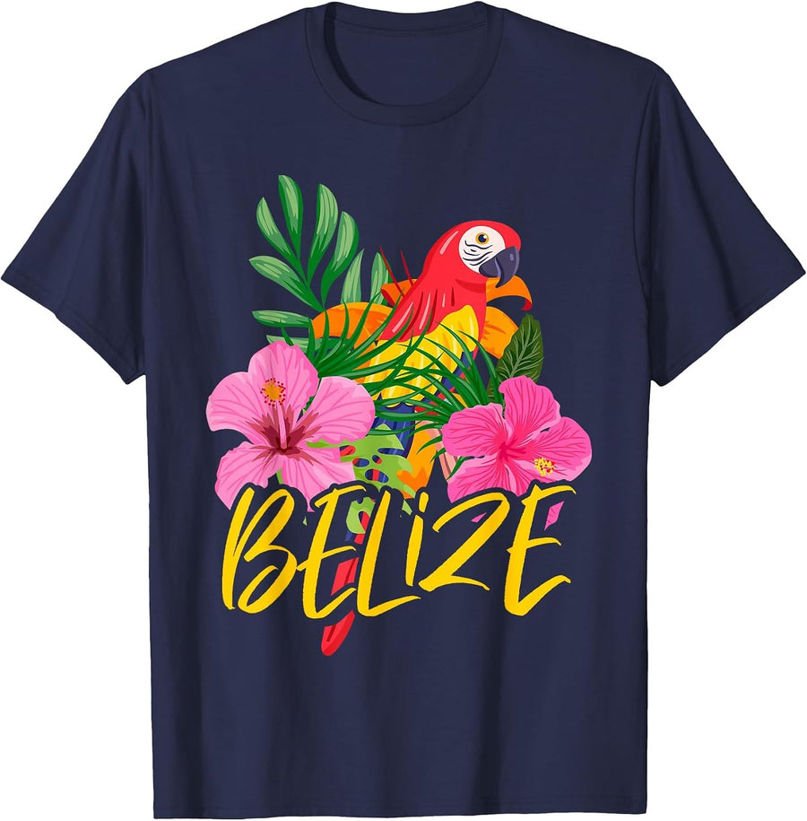 Belize Souvenir Macaw Parrot Hibiscus Flowers T-Shirt - Navy Blue