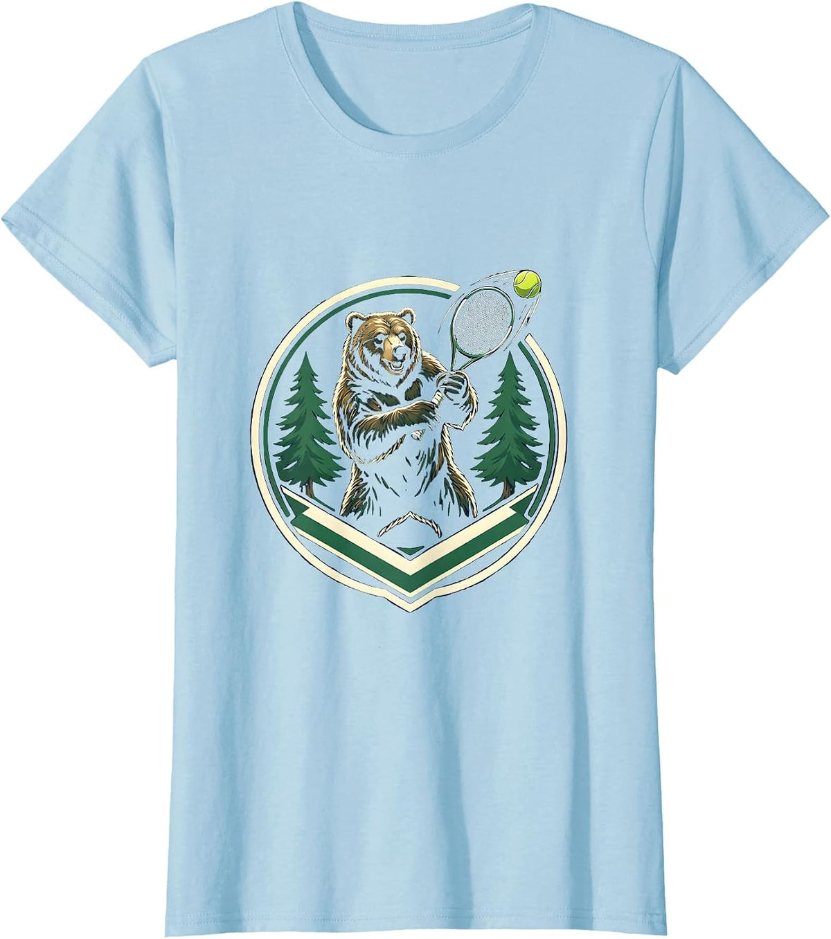Bear Backhand Tennis Swing Pine Forest Graphic T-Shirt - Baby Blue