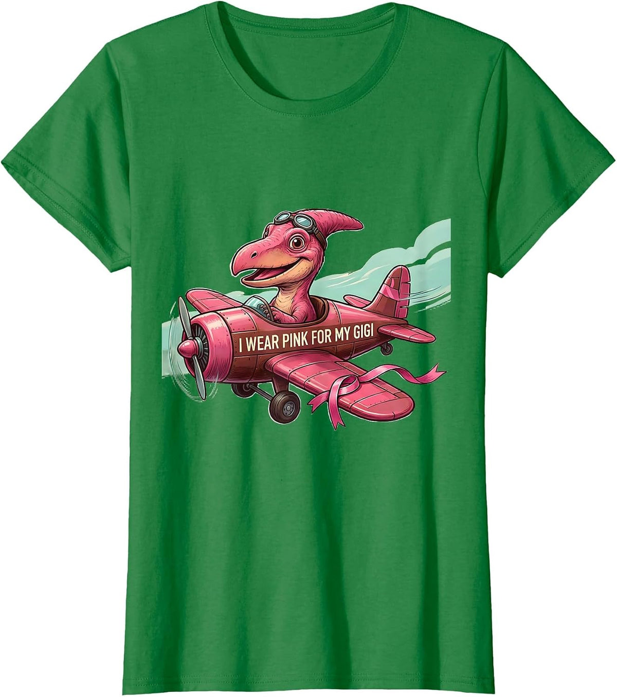 Women's I Wear Pink For My Gigi Dinosaur Breast Cancer Awareness T-Shirt - Kelly Green