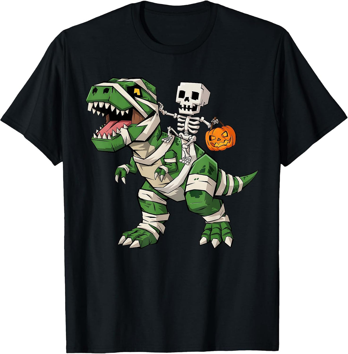 Skeleton Riding Mummy Dinosaur T rex Halloween Funny Gamer T-Shirt - Black