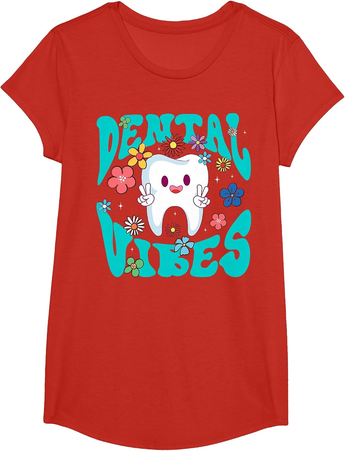 Retro Groovy Dental Vibes Funny Dentist Hygienist Men Women T-Shirt - Girls Red